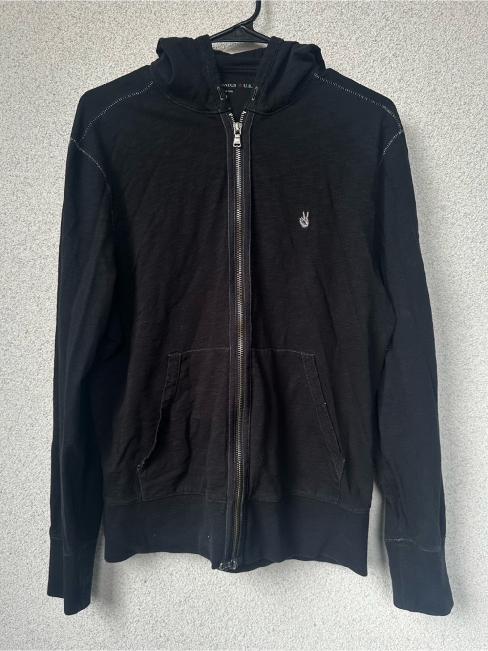 John Varvatos U.S.A. Black Zip Hoodie Size Medium Peace Sign Logo Brass Zipper